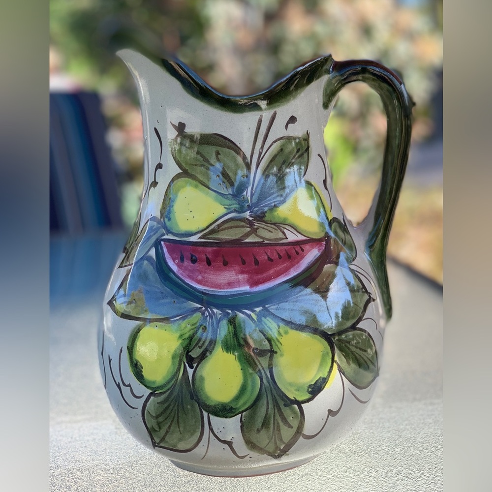 Mexican Hand Painted Watermelon and Pear Design Ceramic Pottery Water Pitcher